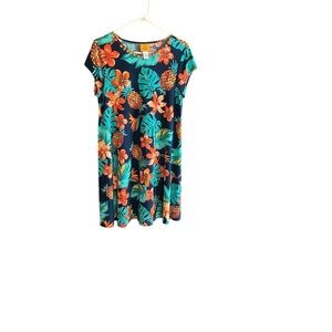 Ruby Rd. tropical plant pineapple poly spandex navy teal orange dress Sz PM